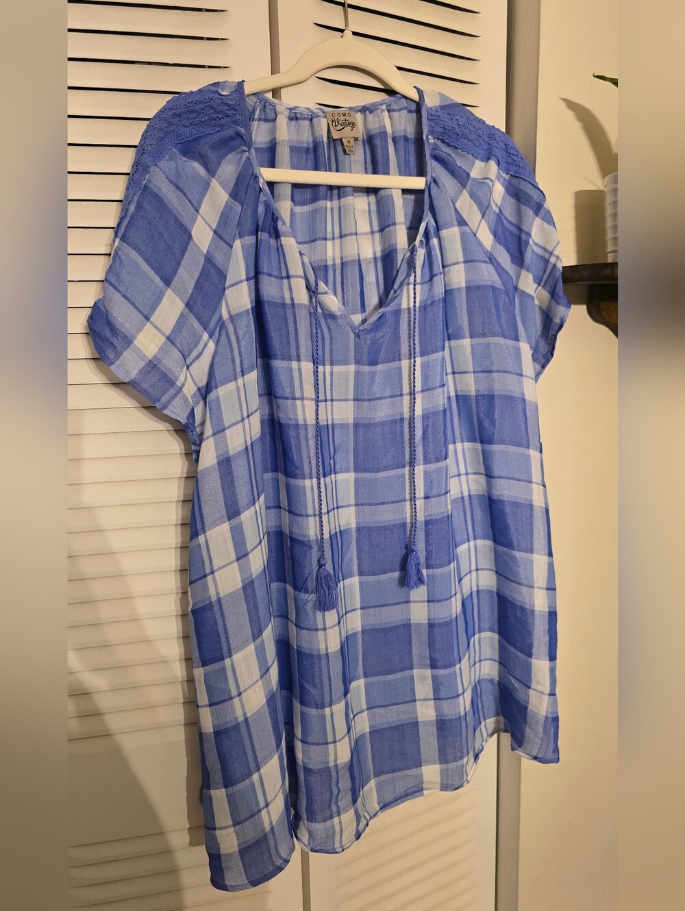 Como Vintage Blue Plaid Tassel Blouse Size 3X Boho Cottagecore Top